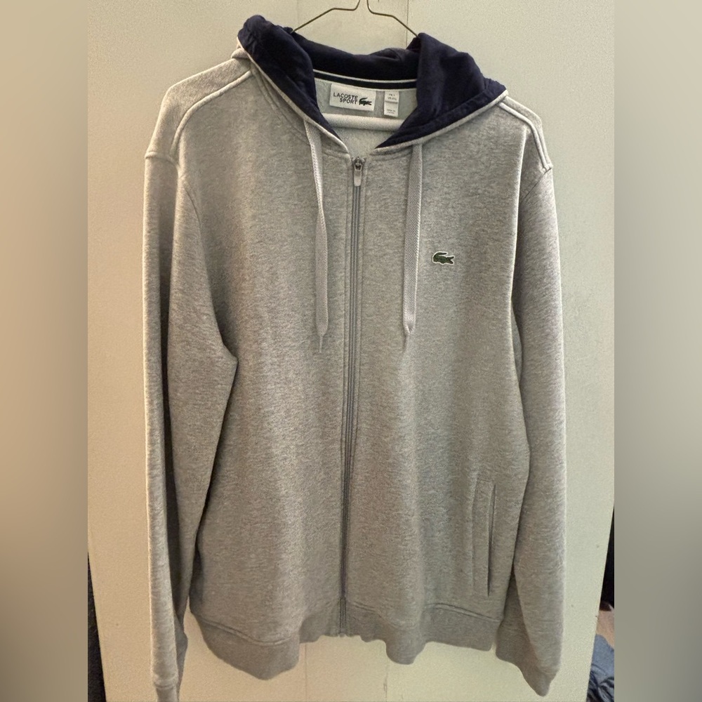 Lacoste Men's Gray Zip-Up Sweater with Navy Hood